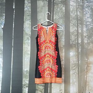 New York & Company Black Dress with Red and Orange Pattern